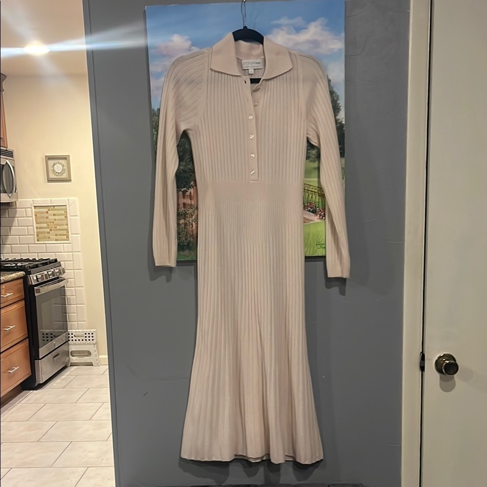 Cream Long Sleeve Sheath Dress with Polo Collar for Cocktail